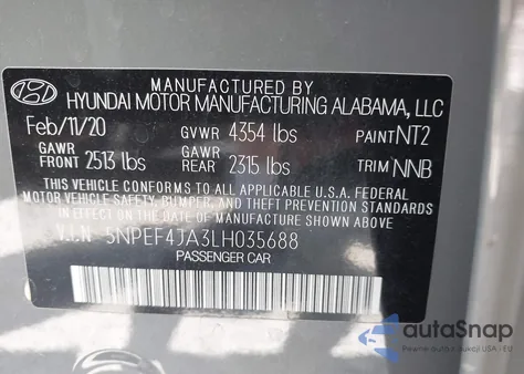 2020 Hyundai Sonata Sel из США, поврежденный, VIN 5NPEF4JA3LH035688